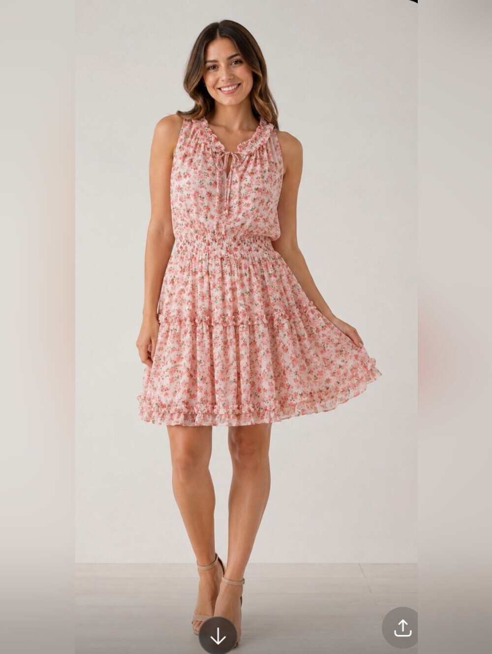 Ruffled Tie-Neck Floral Mini Dress in Blush Pink